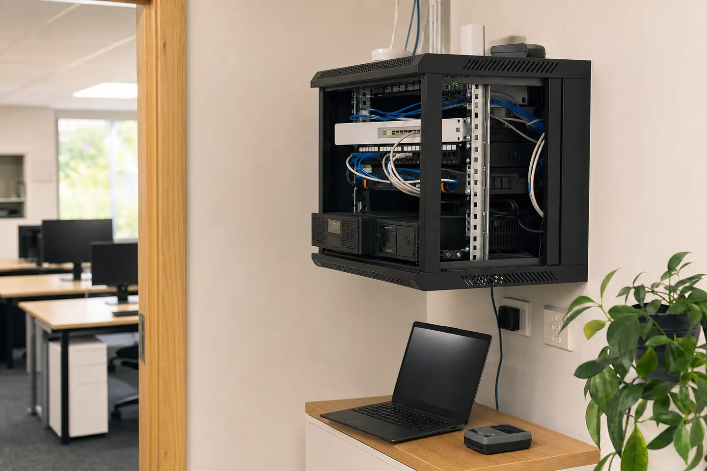 Wall-mounted network cabinet with organised business networking equipment and cabling