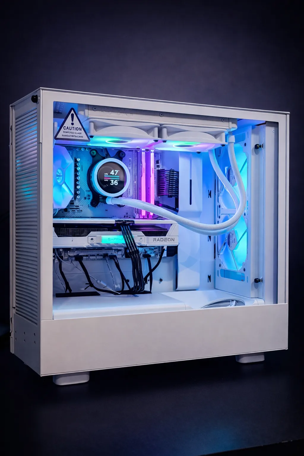 White custom PC with blue and cyan RGB lighting