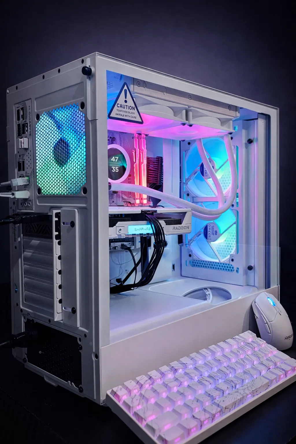 Front view with dual RGB fans and keyboard setup