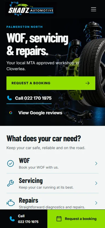 Shadz Automotive mobile website showing service information and call and booking request actions