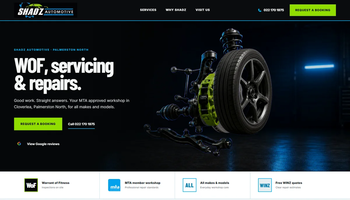 Shadz Automotive web design in Palmerston North, showing WOF, servicing and repairs with a booking request button